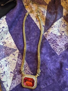 Gold-Tone Necklace with pink Gem Pendant - Women Jewelry